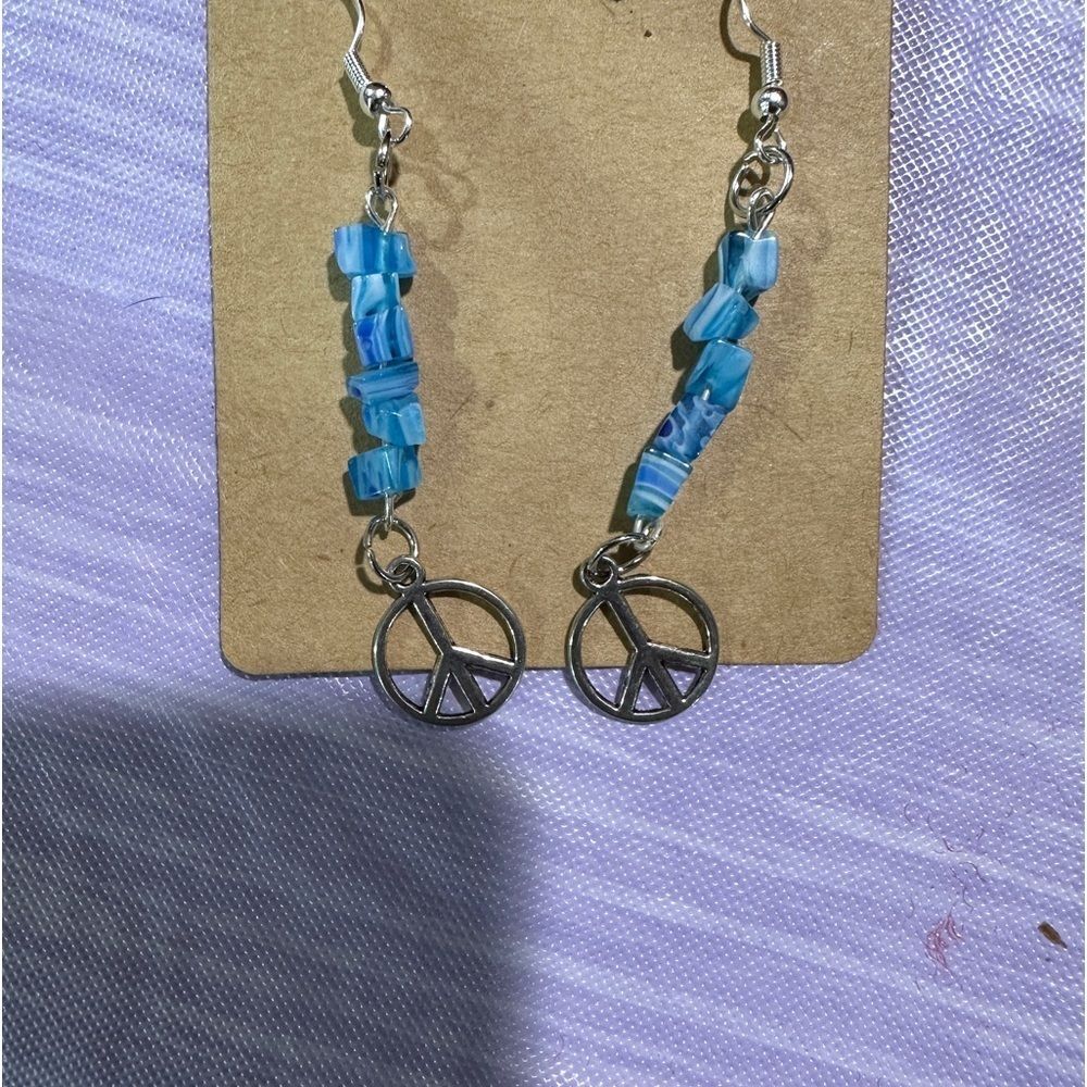 Tibetan Silver Peace Sign Earrings Blue & White Stones Boho Dangle Handmade